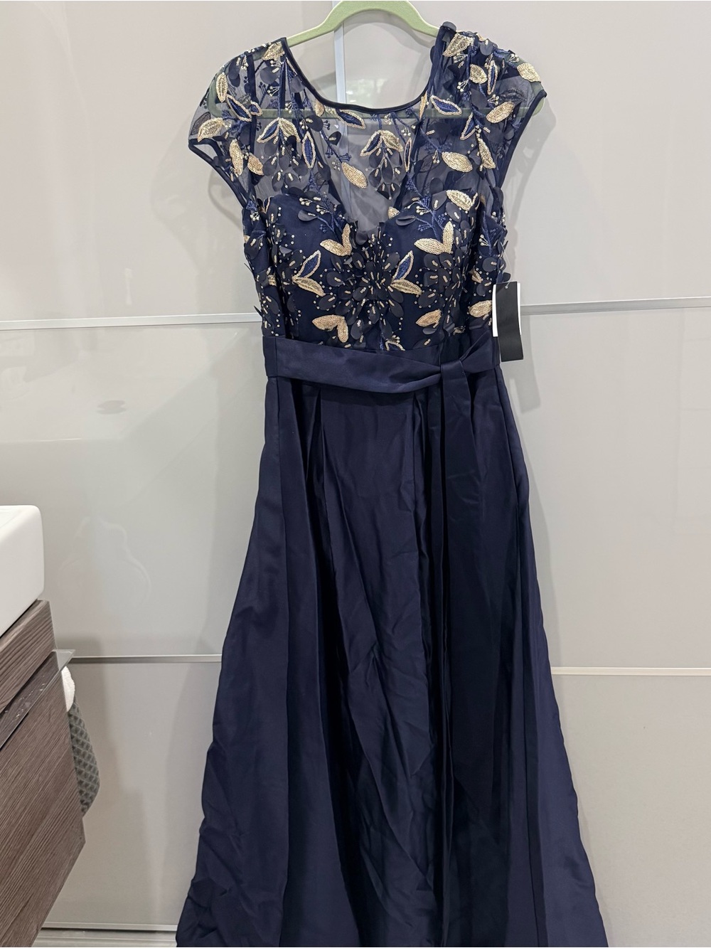 Navy Evening Gown with Gold Embroidered Bodice